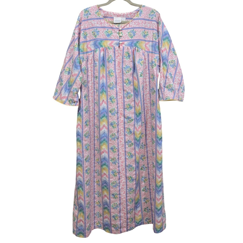 VTG Adonna Nightgown House Dress Cotton Blend Pastel Floral Ikat Loungewear L